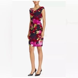 💐 LAUREN RALPH LAUREN Pink and Black Floral Print Cowl Neck Dress - Size 8